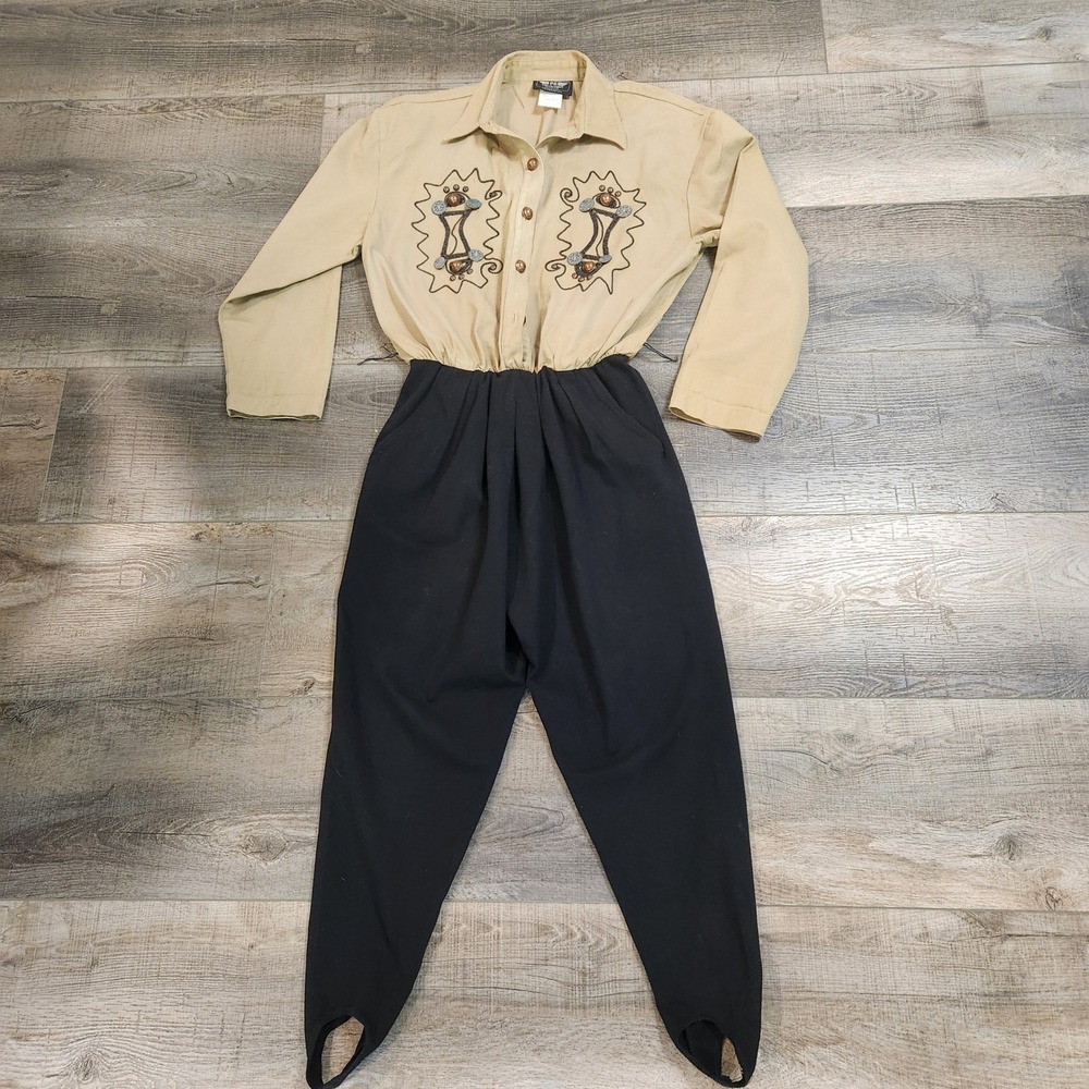PG Collections Jumpsuit Women 12 Tan Black Good Vintage Stirrup Southwestern